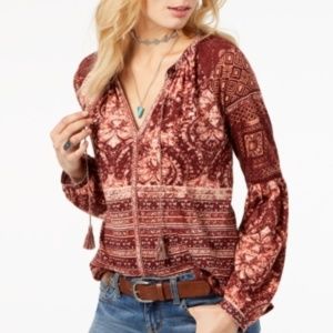 Casual Mixed Print Split Neck Top with long sleeve